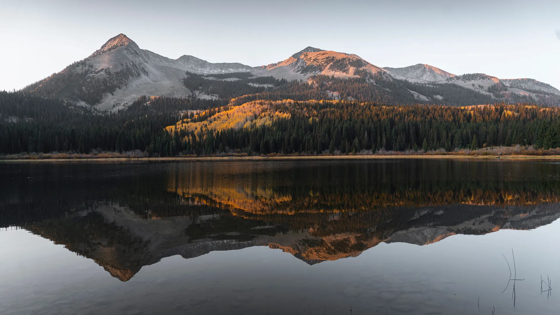 Mountain peaks and autumn forest mirrored in a still lake near Crested Butte, Colorado