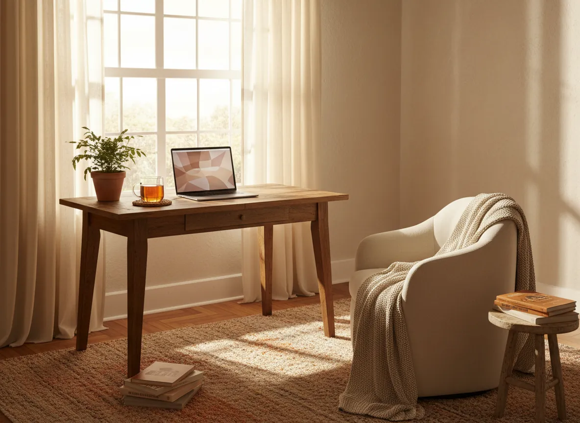 Quiet, sunlit room with a desk, laptop and armchair, set up for virtual therapy sessions